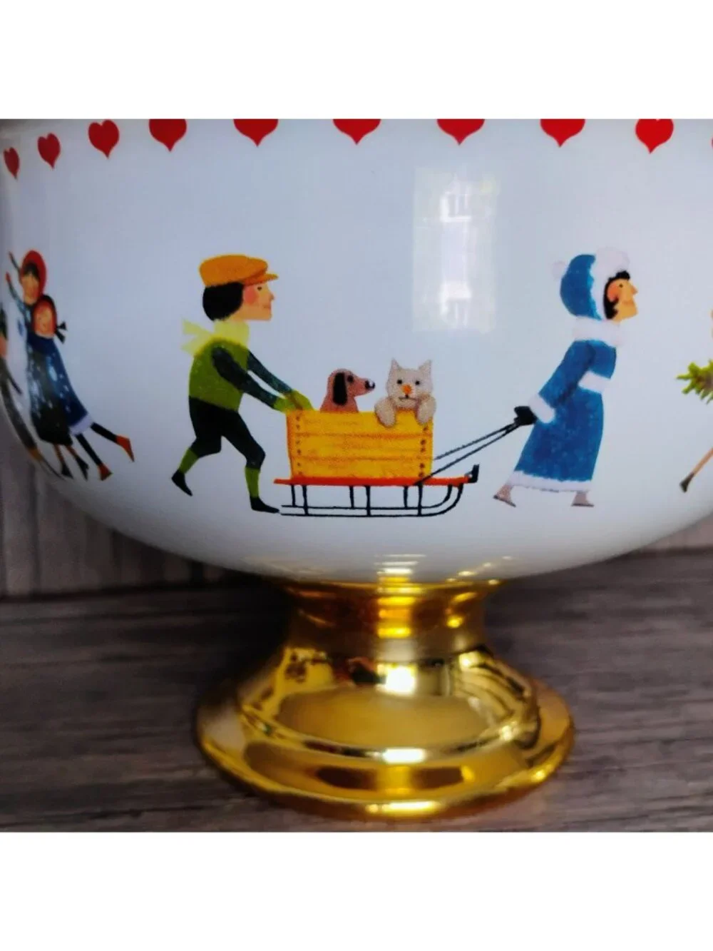 Vintage Teleflora Charles Wysocki Christmas Bowl Love 2000 Pedestal Gold Trim 8
